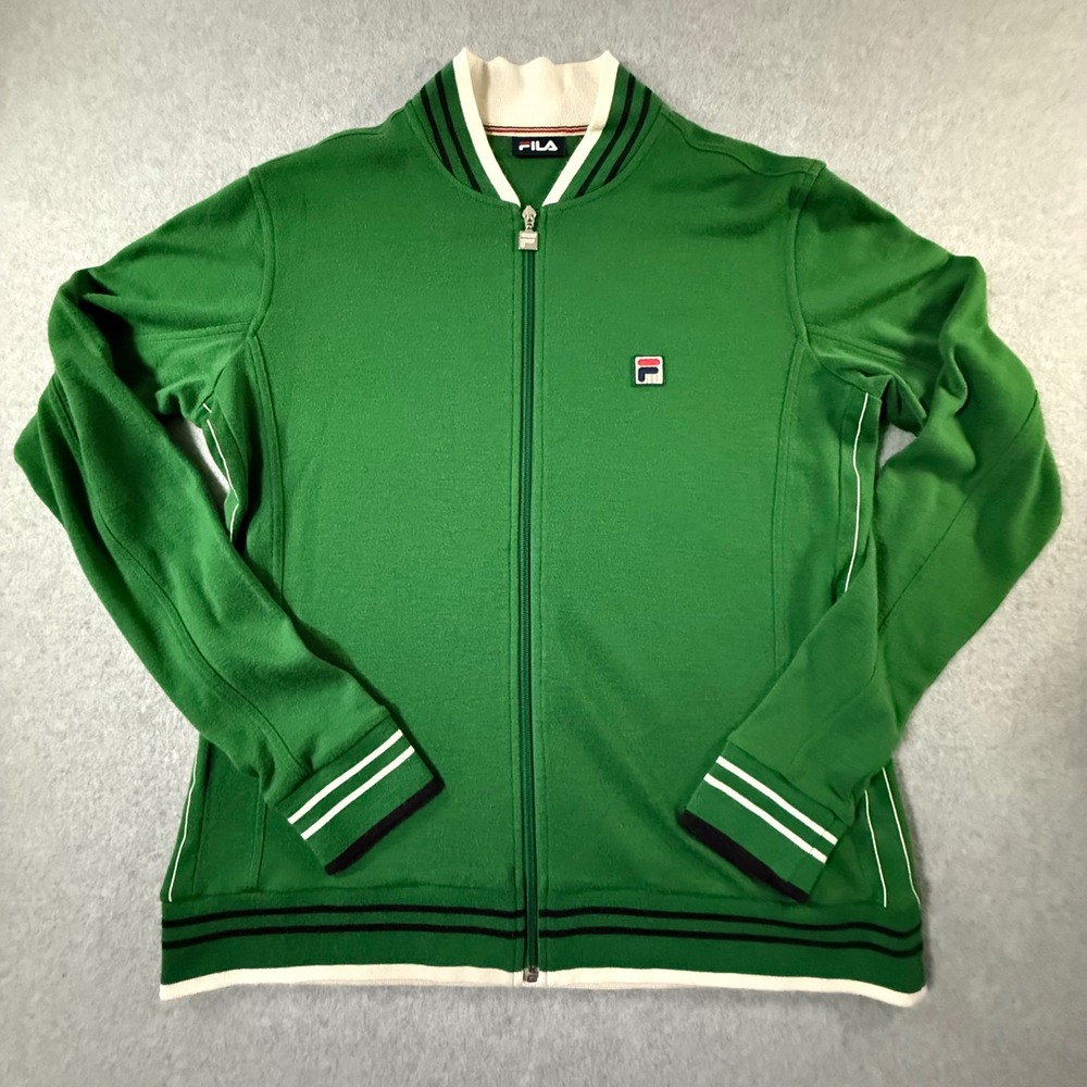 Vintage 80s Filas Mens Green Full Zip Track Jacket XL Striped Ribbed